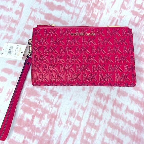 NWT MSRP$ 198 Michael Kors Logo Jet Set Double Zipped Wristlet Crimson - Picture 1 of 6